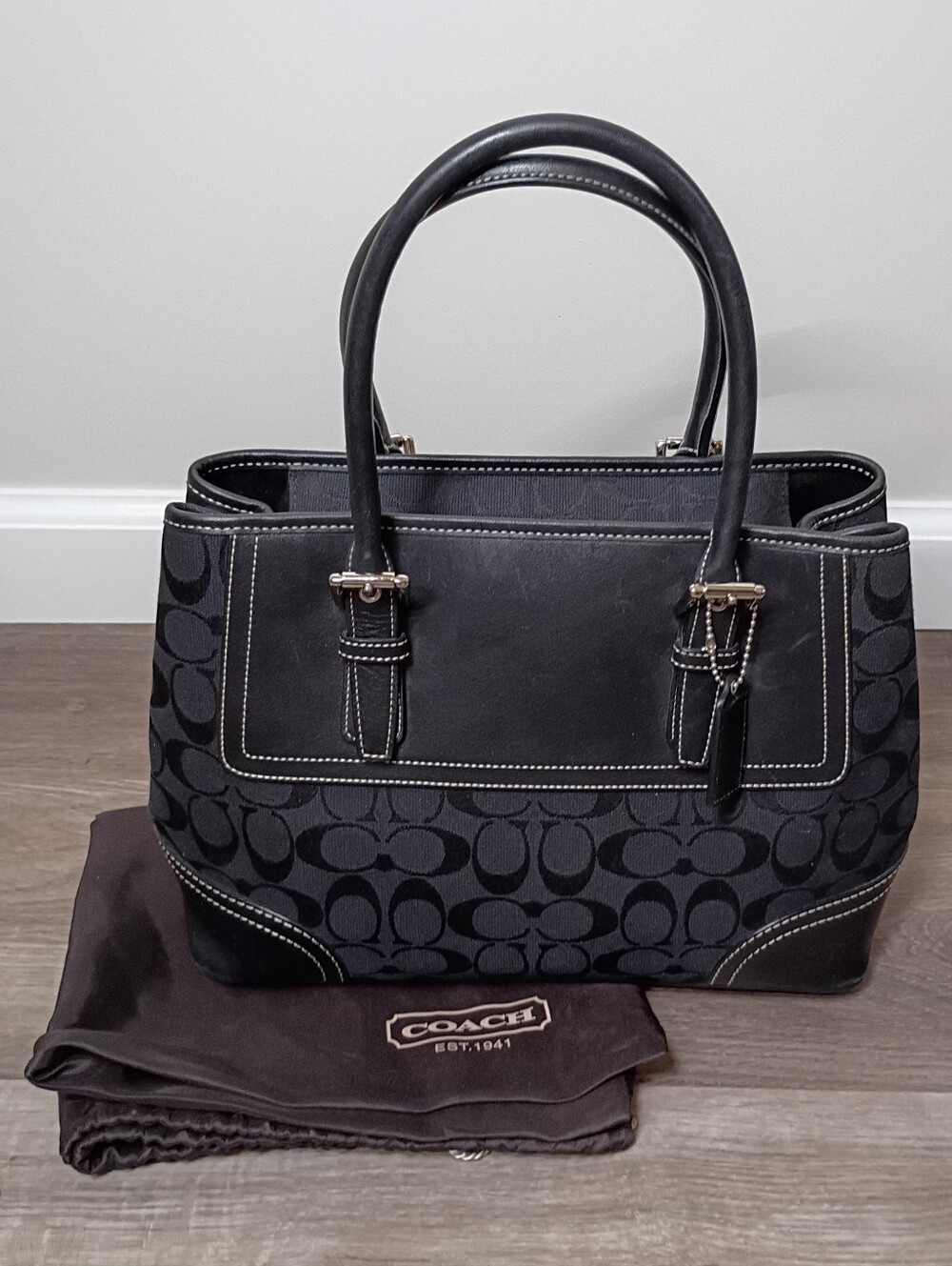 Coach Vintage Y2K Black Signature Monogram Canvas Leather Shoulder Satchel Bag